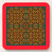 Red, Green & Gold Tapestry Pattern for Christmas Beverage Coaster