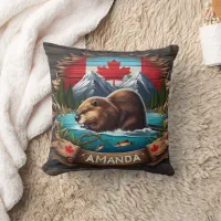 Canadian Beaver Near Mountains and Maple Leaf Throw Pillow