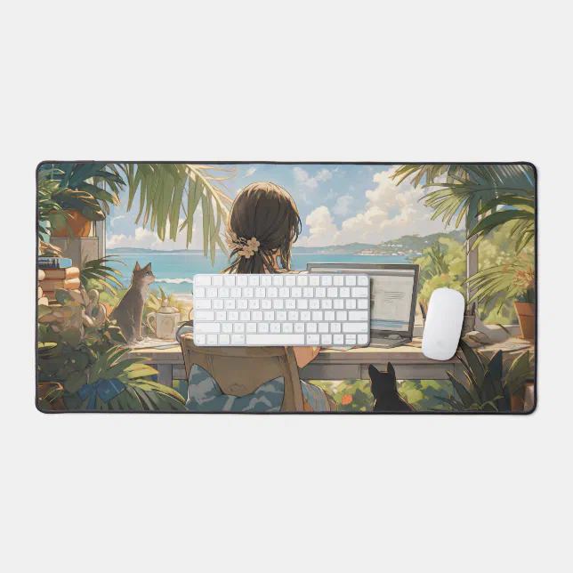Anime office by the sea Desk Mat