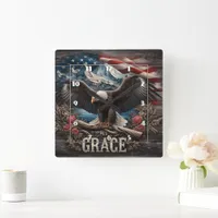 Majestic Eagle With American Flag Background Square Wall Clock