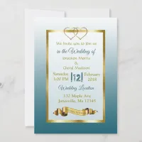 Slate Blue and Gold Hearts Wedding Invitations