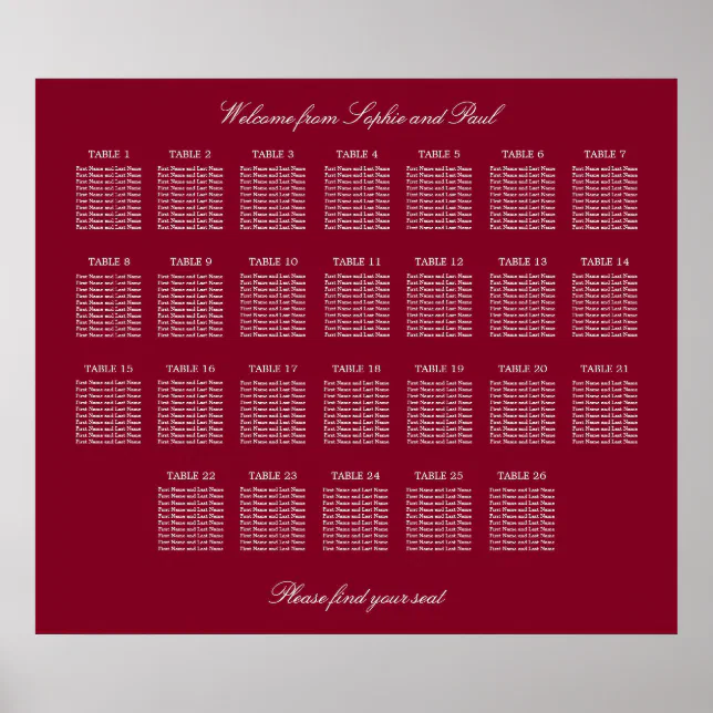 Burgundy 26 Table Wedding Seating Chart Poster