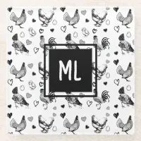 Monogrammed Black and White Cartoon Chickens Glass Coaster