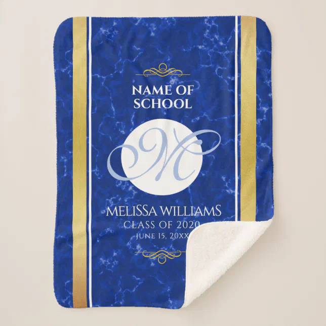 Elegant Graduation Monogram Blue Marble Gold Foil Sherpa Blanket
