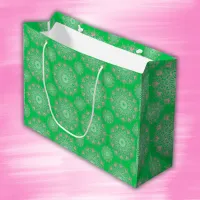 Pretty pink mandala on green | large gift bag