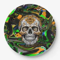 Black Orange and Lime Green Sugar Skull Art Paper Plates