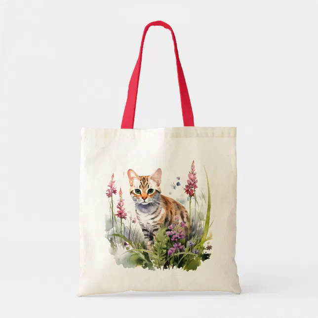 Cute Striped Kitten Wildflowers Cat Watercolor Art Tote Bag