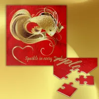 Gold goldfish on red foil monogram | jigsaw puzzle