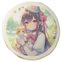 Pretty Anime Holding Kitten Girl's Birthday Sugar Cookie