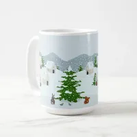 Winter village with snow, bunny, squirrel and pine coffee mug