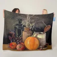 Autumn Decorations on Table, Pumpkin, Fruit, Drink Fleece Blanket