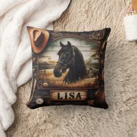 Black Horse Portrait With Western Decor Elements Throw Pillow