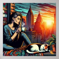 Woman Reading in City Window with Cat and Coffee Poster