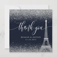 Paris Eiffel Tower Silver Navy Wedding Thank You Card