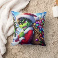 The Grinch with festive gifts in a snowy landscape Throw Pillow