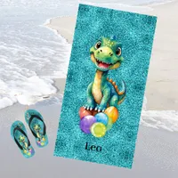 Cute little dinosaur with lots of colorful balloon beach towel