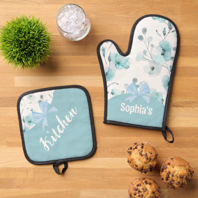 Floral Blue Turquoise Ribbon Oven Mitt & Pot Holder Set