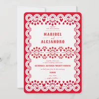 Scalloped Mexico Papel Picado Floral Red Wedding Invitation