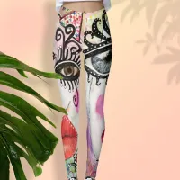 Abstract Face Big Eyes Red Lips Neon Pink Graffiti Leggings