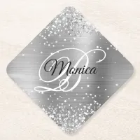 Glittery Silver Foil Fancy Monogram Diamond Paper Coaster