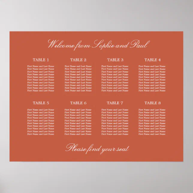Terracotta 8 Table Wedding Seating Chart Poster