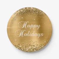 Glittery Gold Foil Happy Holidays Paper Plates