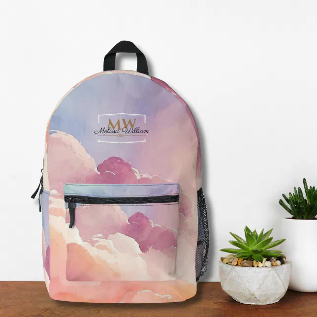 Watercolor Clouds Black Gold Monogram Name Script Printed Backpack