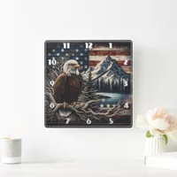 Majestic Eagle Perched Near Mountains and Sunset Square Wall Clock