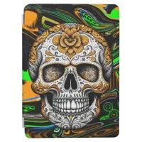 Black Orange and Lime Green Sugar Skull Art iPad Air Cover