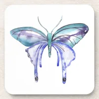 watercolor aqua blue purple butterfly drink coaster