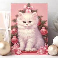 Cute White Kitten and Pink Ornament Christmas Tree Holiday Card