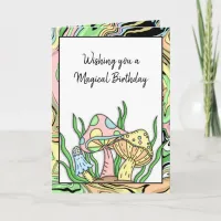 Happy Birthday Retro Mushrooms and Coloring page   Card