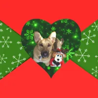 German Shepherd, Toy Reindeer, Green Snowflakes Heart Sticker
