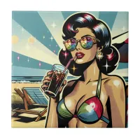 Beautiful Pinup Woman with a Cola on the Beach