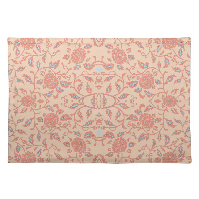 Flowery Peach and Coral Damask Cloth Placemat