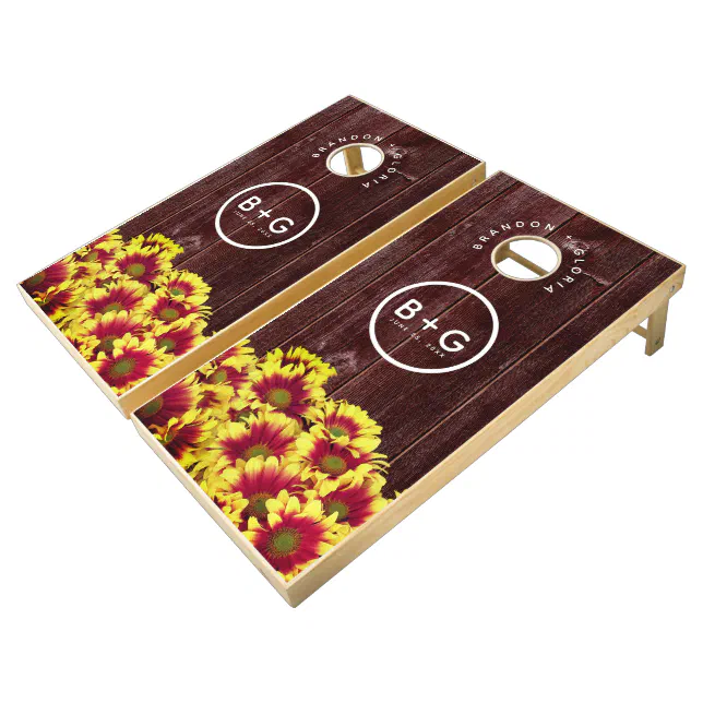 Rustic Autumn Sunflowers on Fence Wedding Cornhole Set