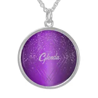 Modern Purple Brushed Metal with Silver Monogram | Sterling Silver Necklace