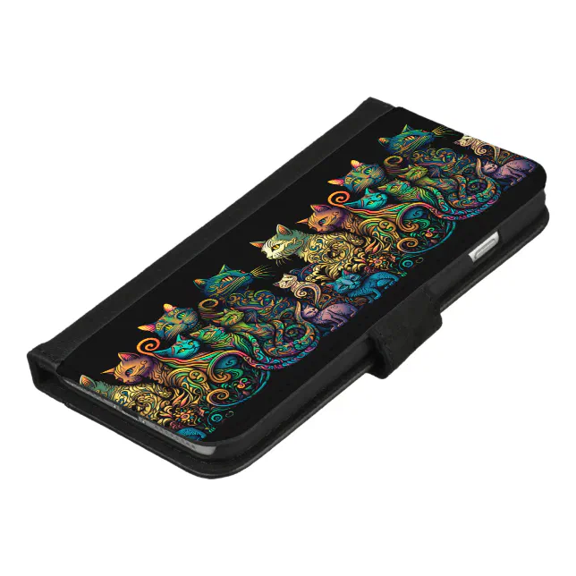 Stylized Cat Tribe Colors on Black Frieze iPhone 8/7 Plus Wallet Case