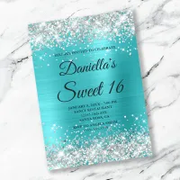 Silver Glitter Shiny Turquoise Blue Foil Sweet 16 Invitation