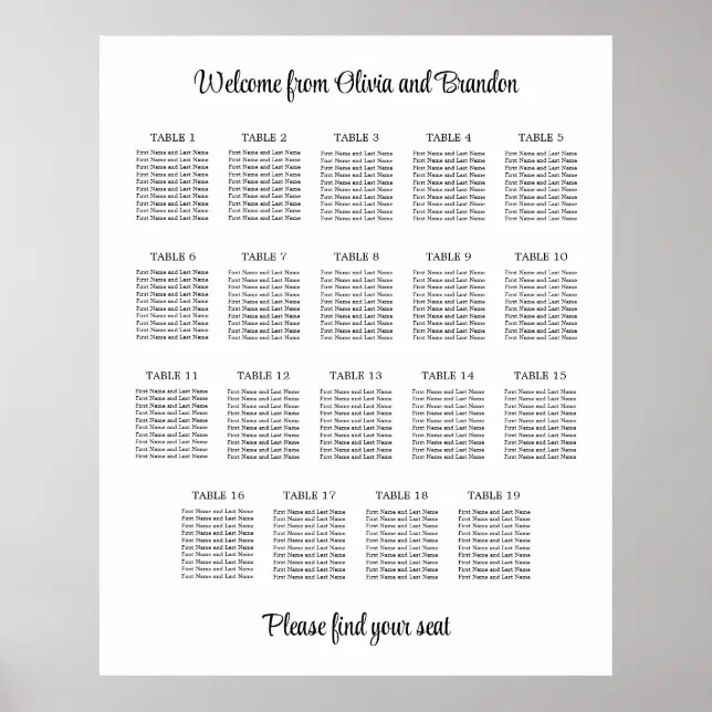 Stylish 19 Table Wedding Seating Chart Poster