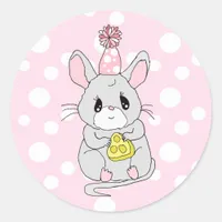 Cute Cartoon Mouse with Birthday Hat and Cheese Classic Round Sticker