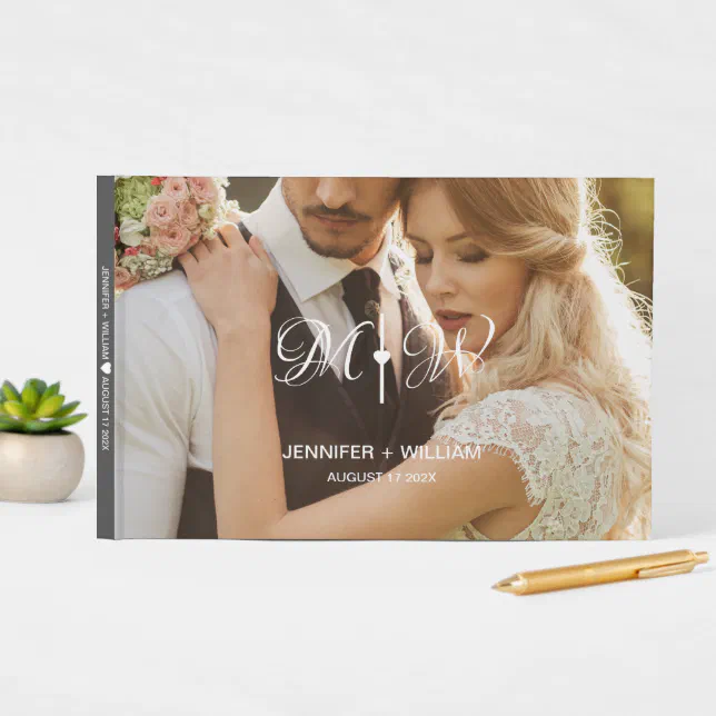 Simple Modern Monogram Photo Custom Name Wedding Guest Book