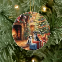 Festive decorated room, fireplace, dogs, vintage  ceramic ornament