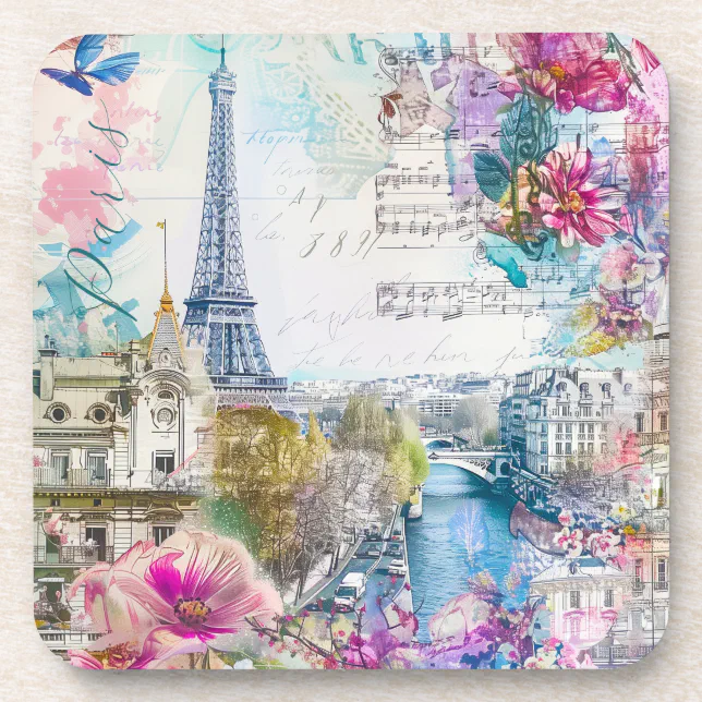 Paris Eiffel Tower Flowers Collage Travel Art Beverage Coaster
