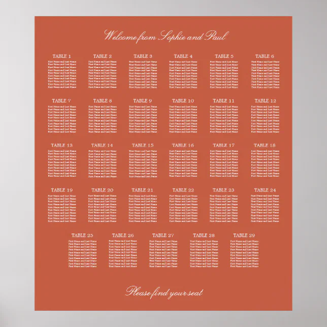 Terracotta 29 Table Wedding Seating Chart Poster