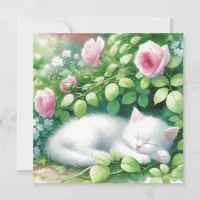Cute White Kitten Napping Under Rosebush