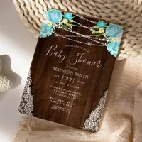 Aqua Mint Rustic String Lights Floral Baby Shower Invitation