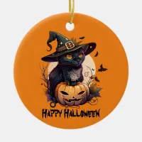 Happy Halloween Black Cat & Jack-o-Lantern Ceramic Ornament