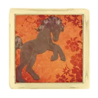 Majestic Horse in Asian Floral Tapestry Gold Finish Lapel Pin