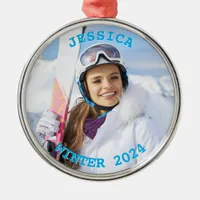 Personalized Sky Blue Text Round Family Photo Metal Ornament